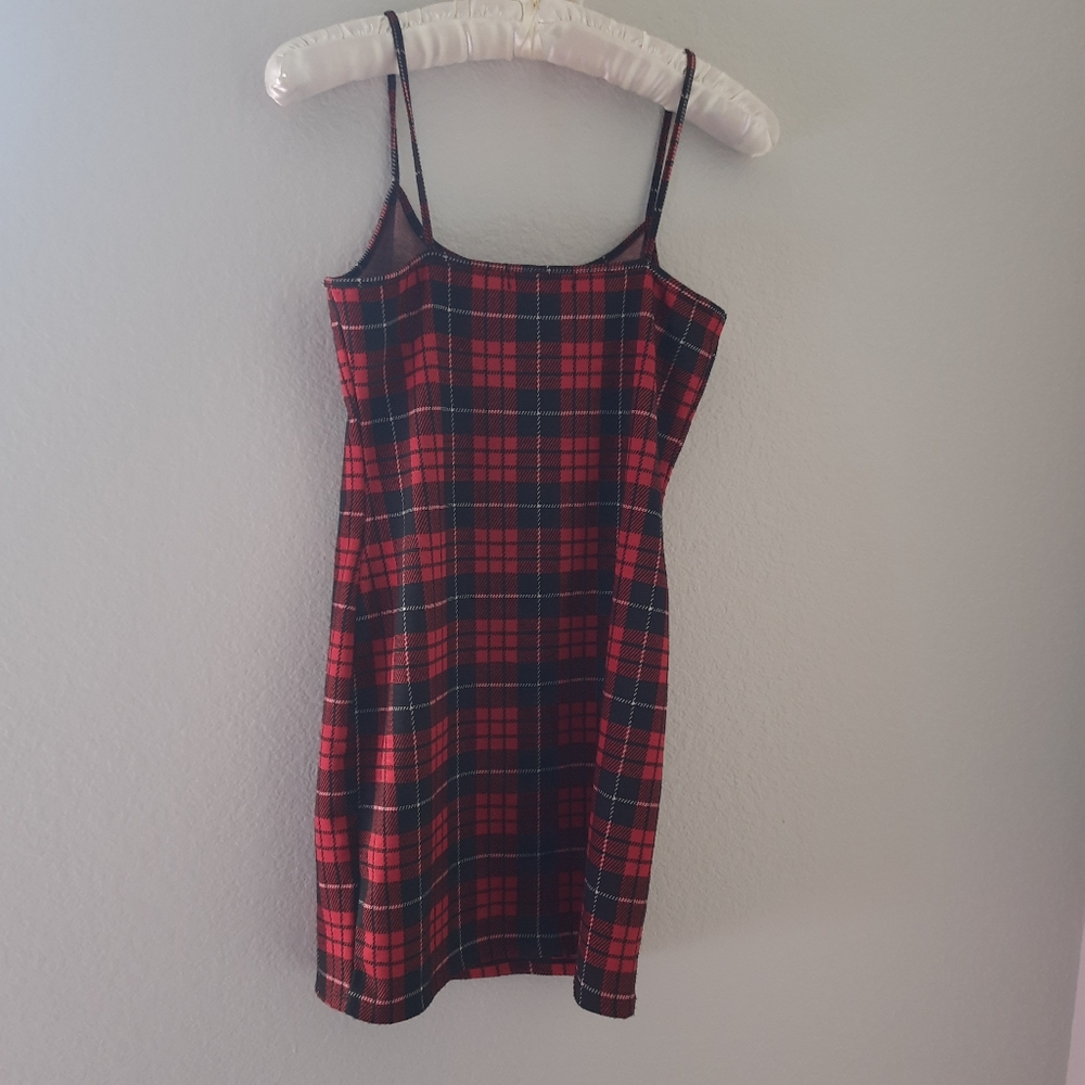 Derek Heart Bodycon Dress Women's Medium Red Plaid Scoop Neck Sleeveless* - Picture 3 of 11